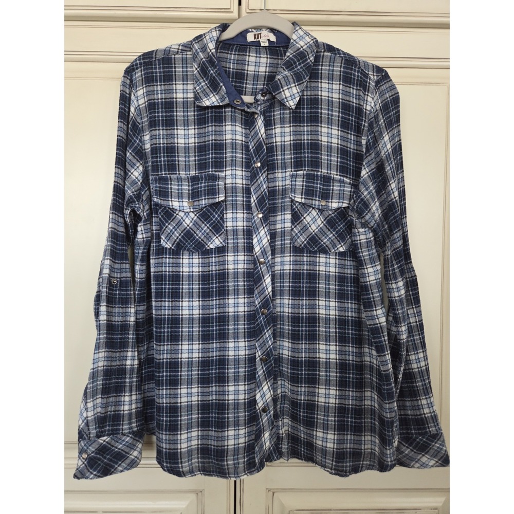 KUT from the Kloth Shirt Womens Large Blue Plaid Snap Front Roll Tab‎ Pockets